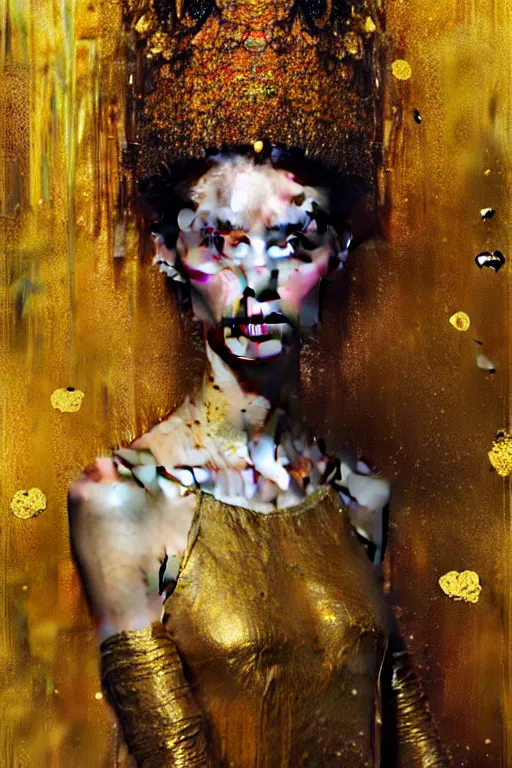 Image similar to wide portrait of beautiful girl by irakli nadar with intricate detailed color smashing fluid oil paint and acrylic, ornate gold headdress, melting wax, mycelia, abstract impressionism, ruan jia, fantasy, hyper detailed, concept art, by gustav klimt