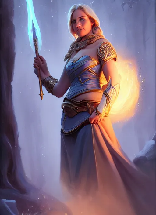 Prompt: jaina proudmoore raises her magic staff, portrait shot, epic cinematic hyperrealism masterpiece. realistic poster with shaded lighting by craig mallismo, artgerm, jeremy lipkin and michael garmash, unreal engine, radiant light, detailed and complex environment, digital art, art station trends