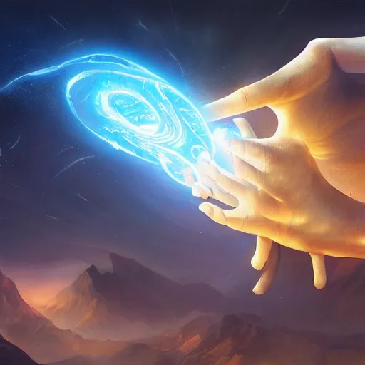 Image similar to a celestial holy hand coming from a portal down to earth, dynamic lighting, fantasy concept art, trending on art station, stunning visuals, creative, cinematic, ultra detailed, ray tracing