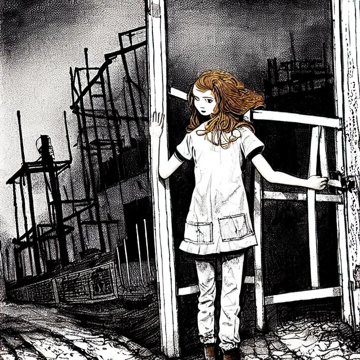 Image similar to sadie sink in dirty workmen clothes waves goodbye to workmen. near a gate. background : factory, dirty, polluted. technique : black and white pencil and ink. by gabriel hardman, joe alves, chris bonura. cinematic atmosphere, detailed and intricate, perfect anatomy