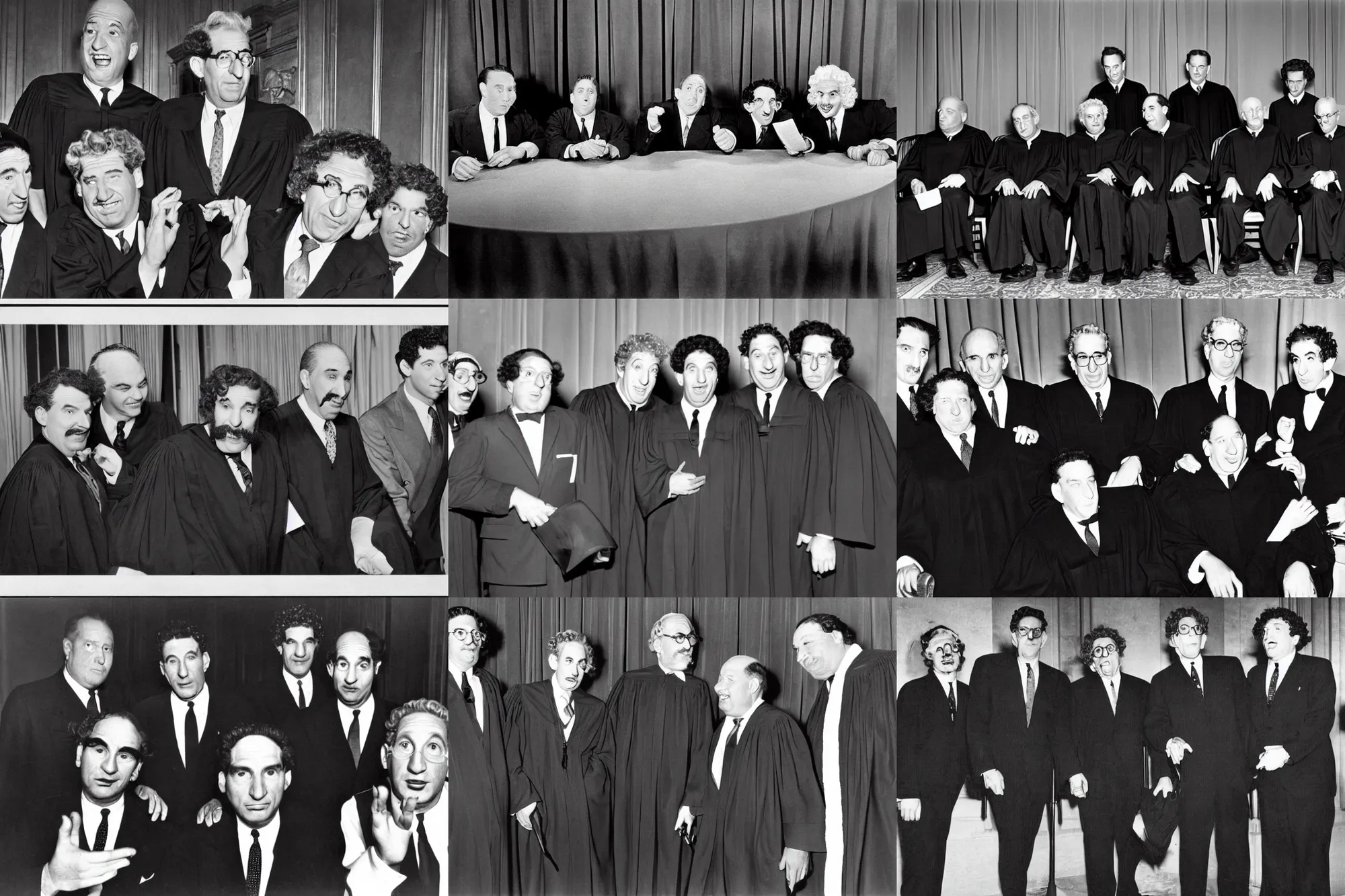 Prompt: supreme court photograph from the 1 9 5 0 s, but it is the marx brothers and the three stooges as judges