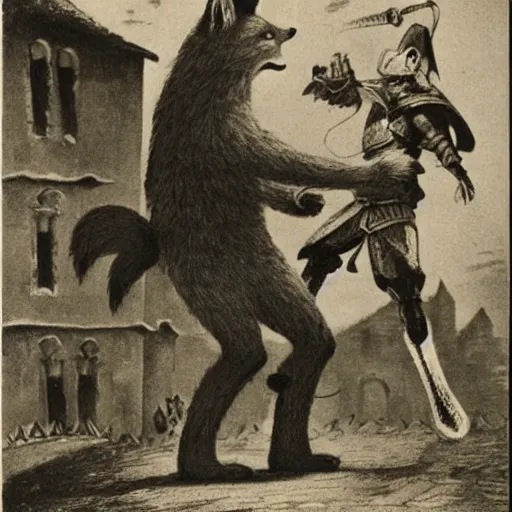 Image similar to anthropomorphic fox man fights in front of a castle against evil knight who is twice as tall, 1910s film scene