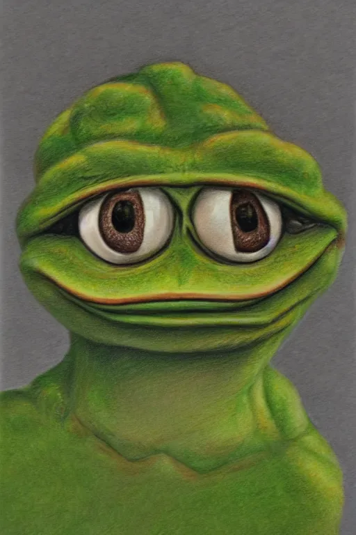 Image similar to portrait drawing of pepe the frog, ultra detailed highly realistic, trending on artstation, rule of thirds, extreme high detail, soft lighting, rim light, volumetric lighting and effects,