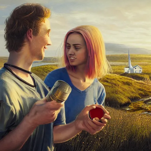 Prompt: a highly detailed portrait from behind of a young couple, holding a tin can, remote icelandic village, summer, jeans and t shirt, blonde hair, vibrant colors, hyper realistic, extremely realistic, realistic, 8k, by tom bagshaw, trending on artstation,