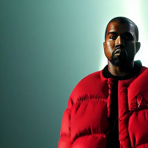 Image similar to kanye west wearing a red puffer jacket and red pants, standing in a stadium, white light shining on him