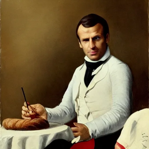 Image similar to emmanuel macron as a president of france eating a french baguette, 1 8 5 0 s style