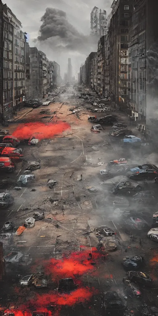 Image similar to post - apocalyptic kreuzberg streets covered in colorful smoke, burned cars, explosions, hyperrealistic, gritty, damaged, dark, urban photography, photorealistic, high details