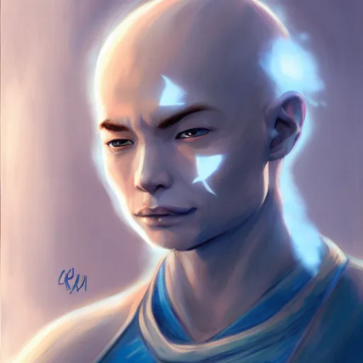 Prompt: Portrait of Aang,blue arrow paint going down his head, by Charlie Bowater