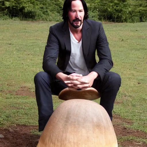 Image similar to Keanu Reeves sitting on a giant mushroom