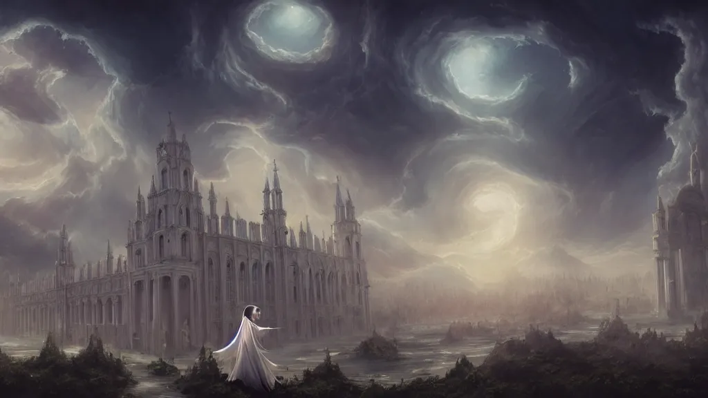 Image similar to wide shot of heaven, holy, people, oman, gothic, white, perfect 4 k, smokey, ole thomas style, giovanni paolo panini style epic, volumetric, symmetrical, extremely detailed, environment, insanely detailed, style of charlie bowater, kelly mckernan, flying angels, concept art