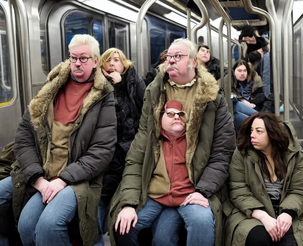 Image similar to a sad woman in a parka who looks like a cross between Chloe Sevigney and Aubrey Plaza, sits next to a slightly overweight friendly middle-aged German businessman, with short blond hair and a mustache, in a Chicago subway train, medium shot from a 3/4 angle, showing full figures, drawn in the style of Daniel Clowes and Adrian Tomine and Gabrielle Bell