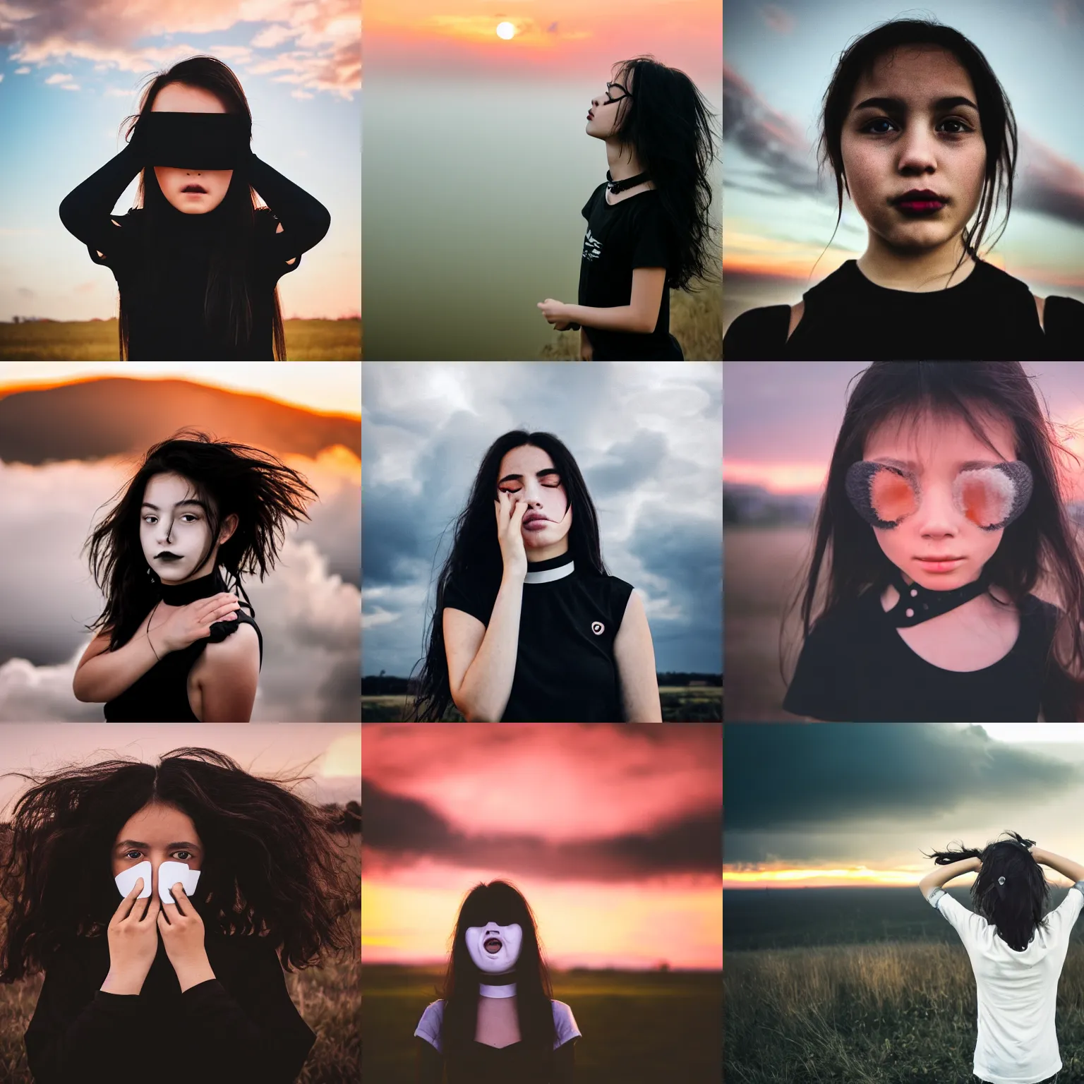 Prompt: a portrait photo of a girl whose face is hidden by a cloud, with short dark wavy hair, wearing a black choker and a black t - shirt, her face is hidden by clouds, sunset cloudy landscape in the background, professional photography 5 0 mm f 1