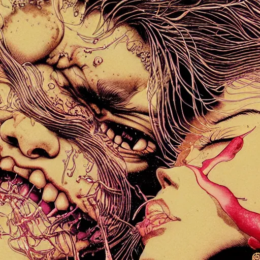 Prompt: closeup of face melting and tongues, by yoichi hatakenaka, masamune shirow, josan gonzales and dan mumford, ayami kojima, takato yamamoto, karol bak