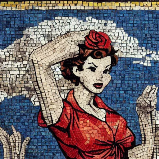 Prompt: rosie the riveter joined the communists, red rose, antifa, on roman mosaic, by Banksy
