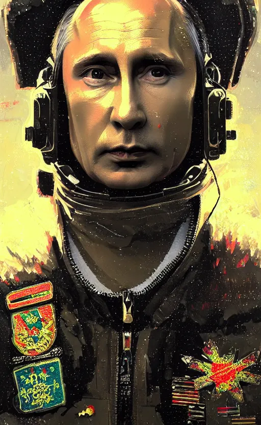 Image similar to detailed portrait vladimir putin, neon operator, cyberpunk futuristic neon, reflective puffy coat, decorated with traditional russian ornaments and military medals by ismail inceoglu dragan bibin hans thoma greg rutkowski alexandros pyromallis nekro rene maritte illustrated, perfect face, fine details, realistic shaded, fine - face, pretty face