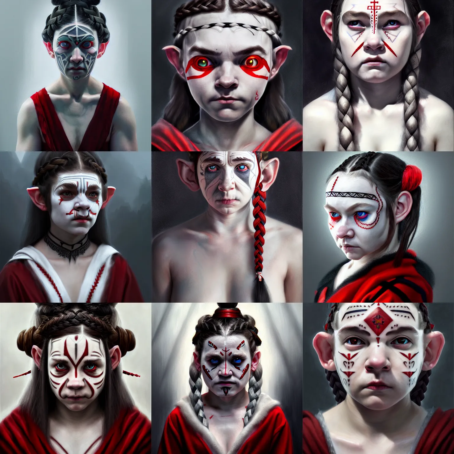 Prompt: halfling with strange geometric facial tattoos, pale - white skin, red eyes, grey robe, white braided hair, black hair ribbons, tired haunted expression, # artstation, low angle oil painting composition laws, cinematic lighting, hyperdetailed 8 k