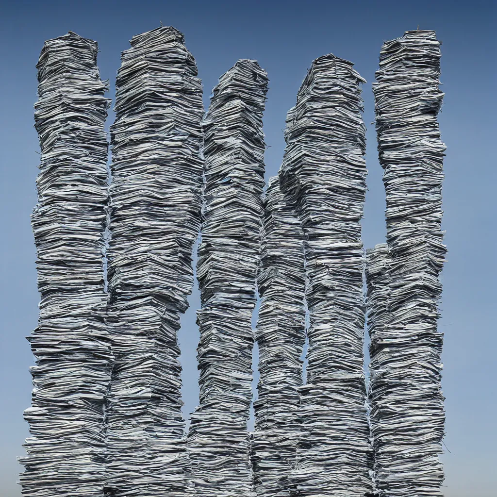 Image similar to intertwined high towers made up of stacked makeshift shelters, uniform plain sky, mamiya, very sharp, very detailed, pastel colours, photographed by cristina de middel