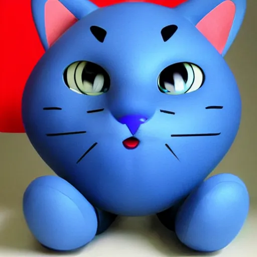 Prompt: obese anime robotic blue cat with red nose and big eyes, cute