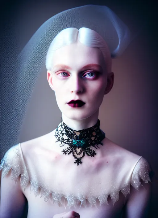 Image similar to kodak portra 4 0 0 photo portrait of a beautiful pale woman in style of tim walker, silver lace pearl steampunk biomechanic beautiful, big monocular, 1 5 0 mm, f 1. 2, volumetric light, coloured gel studio light, gothic fashion intricate pearl embroidered collar, unreal engine 5, 8 k