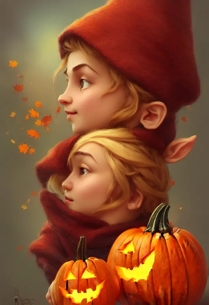 Image similar to hand drawn cute one gnomes face in autumn disguise holding pumpkin, detailed closeup face, concept art, low angle, high detail, warm lighting, volumetric, godrays, vivid, beautiful, trending on artstation, art by artgerm and greg rutkowski and alphonse mucha