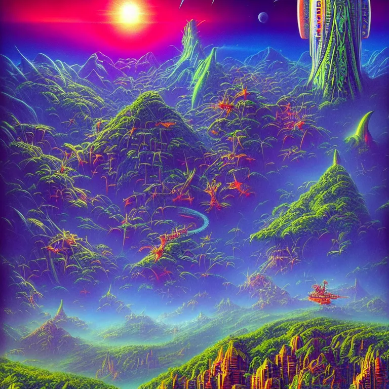 Prompt: cosmic flying cities sailing over lush rainforest mountaintops, synthwave, bright neon colors, highly detailed, cinematic, tim white, vladimir kush, philippe druillet, roger dean, bob eggleton, michael whelan, boris vallejo, alfred kelsner, kubrick, jaroslaw jasnikowski