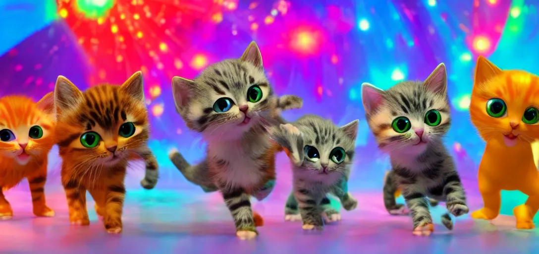 Image similar to disco dance party for adorable and cool kittens, highly detailed, Pixar, anamorphic lens