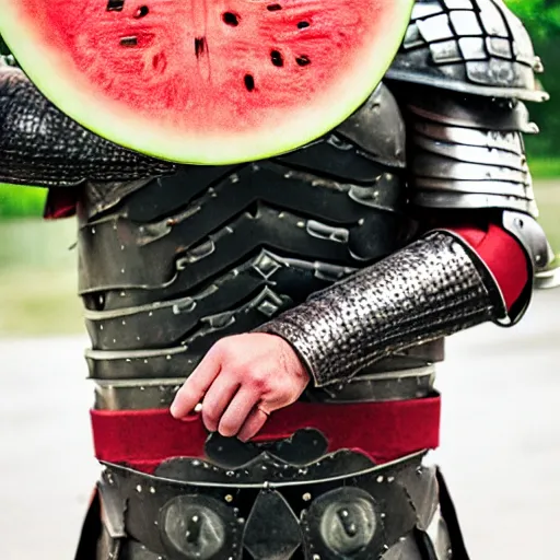 Prompt: a man wearing armor made of watermelon rinds