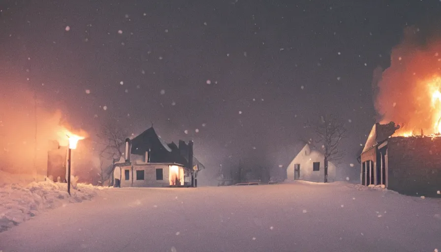 Image similar to 1 9 7 0 s movie still of a heavy burning french style little house in a small northern french village by night in winter, cinestill 8 0 0 t 3 5 mm, heavy grain, high quality, high detail, dramatic light, anamorphic, flares