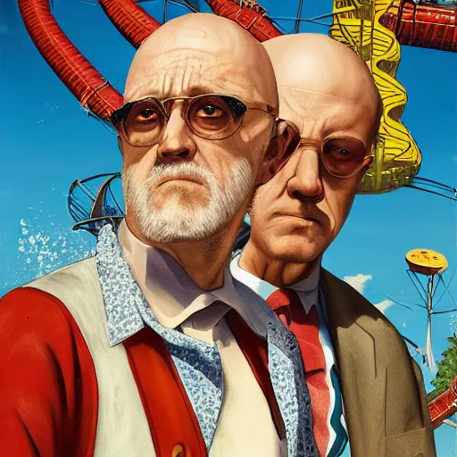Prompt: mike ehrmantraut and johnny knoxville at a waterpark, movie poster by jc leyendecker, 4 k resolution, detailed, high quality, hq artwork, coherent, insane detail, concept art, character concept, character full body portrait