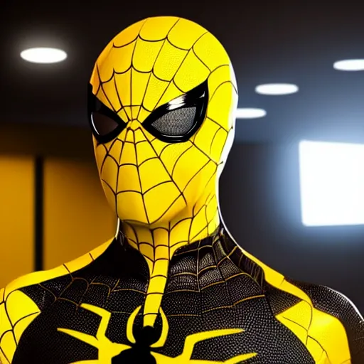 Image similar to still photo of yellow spider - man, highly detailed, photorealistic portrait, bright studio setting, studio lighting, crisp quality and light reflections, unreal engine 5 quality render