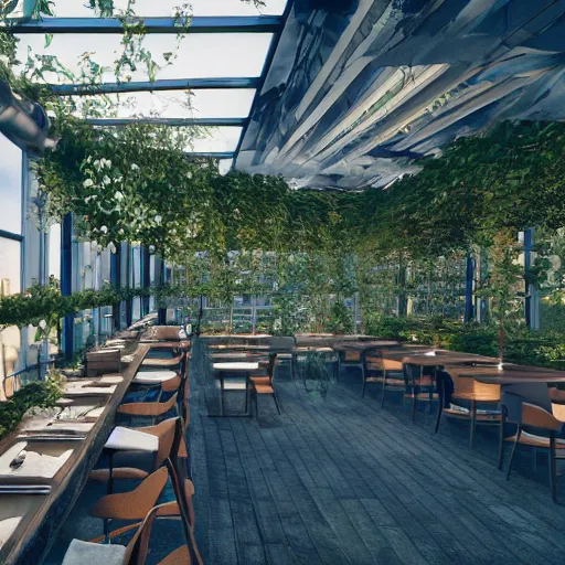 Image similar to modern rooftop restaurant inspired by plant structures and biomimicry, moody lighting, modern lighting, hyper - realistic, hyper - detailed, 8 k, octane rendered, art nouveau, organic, flowing. torsion, dynamic