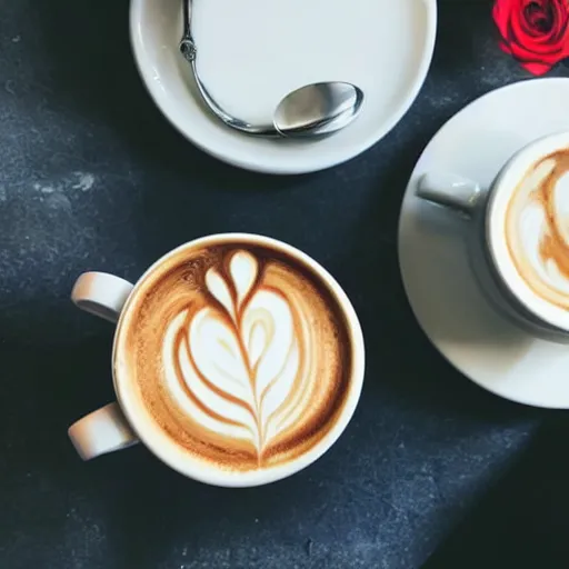 Image similar to photograph of a latte with a rose latte art, high quality, food, contrast