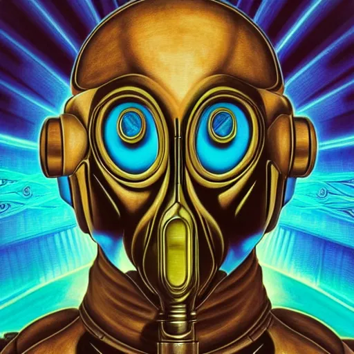 Prompt: a detailed 3 d render of a fashionable vin diesel extraterrestrial wearing a cybernetic majick celtic gas mask among the buildings of futuristic landscape in the style of william blake and alex grey and escher in the style of dark fantasy, fantasy art deco, magic realism, award winning art, muted colors,