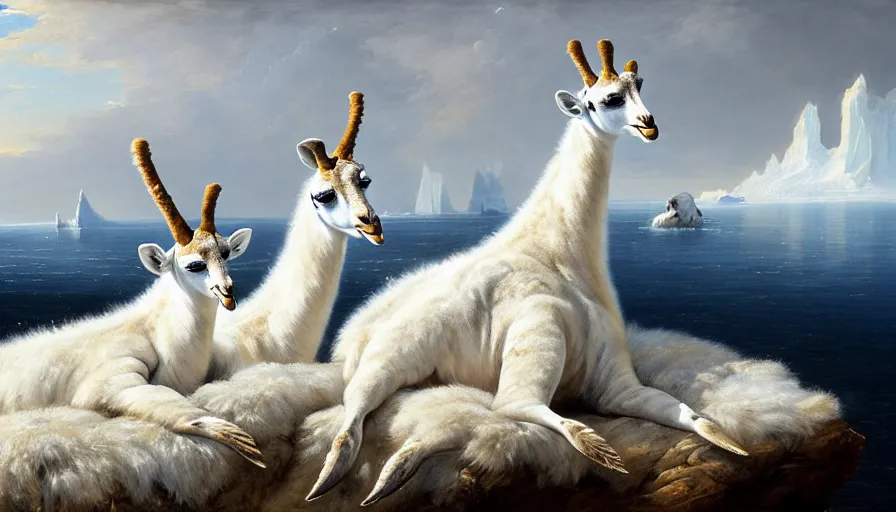 Prompt: highly detailed painting of cute furry white baby seal giraffes with big furry antlers cuddling into each other on a blue and white iceberg by william turner, by greg rutkowski, by william constable, thick brush strokes and visible paint layers, 4 k resolution