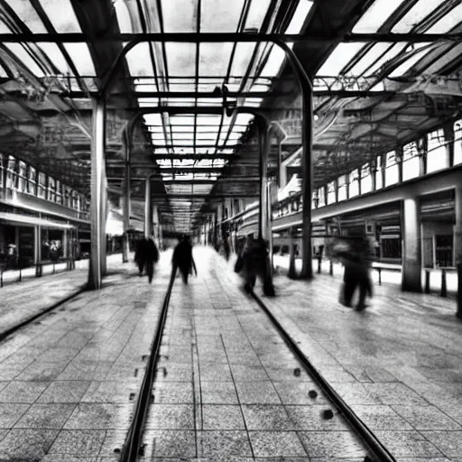 Prompt: realistic ghosts in a train station, old grainy picture, photorealistic, hd