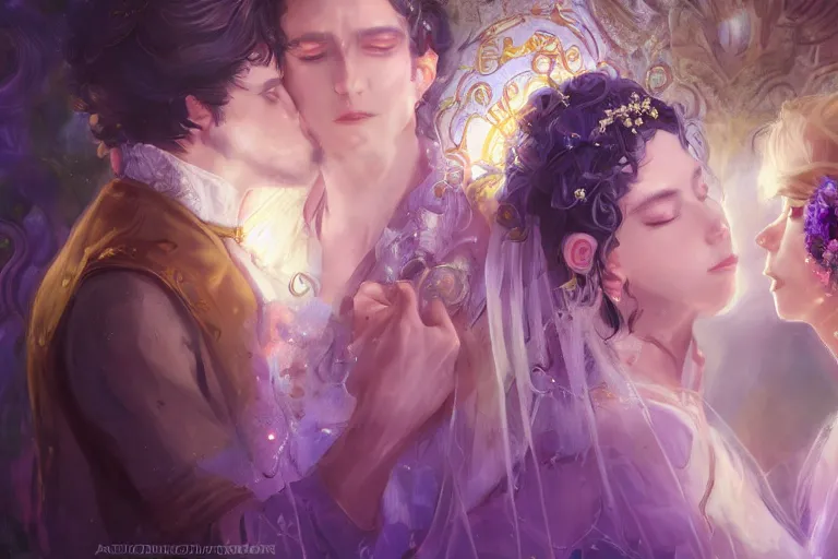 Image similar to a dreamlike cinematic portrait of wedding photograph close up moment of a divine a russia sun god and moon goddess lovers magician at a wedding banquet. portraiture. digital painting. artstation. concept art. fantasy wedding photo. digital painting, 8 k realistic, hyper detailed, violet evergarden art masterpiece by art by krenz cushart