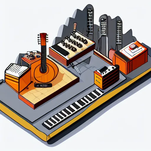 Image similar to isometric view of a large instrument machine, rube goldberg style, made of instruments, guitar, drum, beautiful