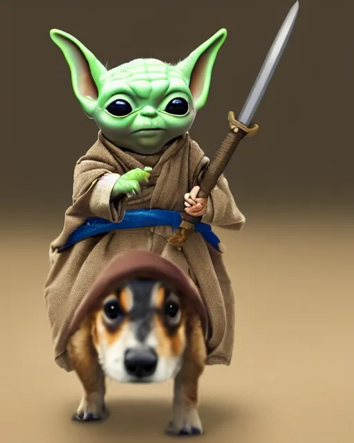 Image similar to baby yoda with a tiny sword strapped on his back, rides an armored corgi dog off to do battle with the sand prople, the corgi has a large blue face mark on its face, hyperreal, filmed in the style of john toll