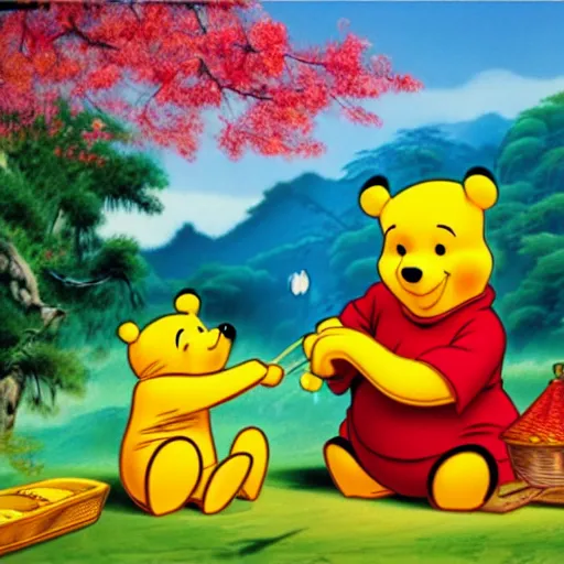 Prompt: Chinese propaganda poster of Winnie the pooh eating honey , high definition, 4k