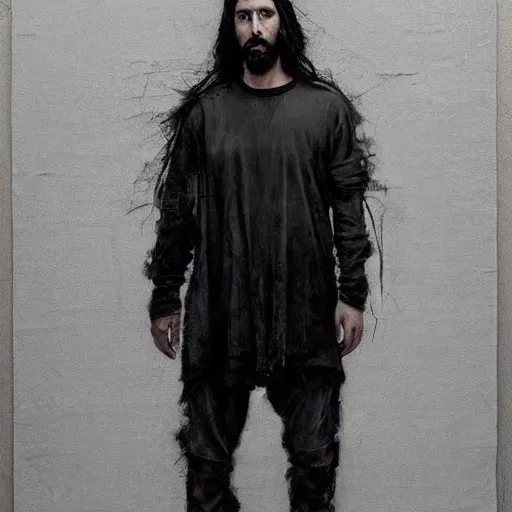 Prompt: a full body lookbook portrait of modern - day jesus wearing grey yeezy and fear of god menswear collection by nicola samori, detailed, oil painting, hyper - realistic, 8 k, yeezy collection