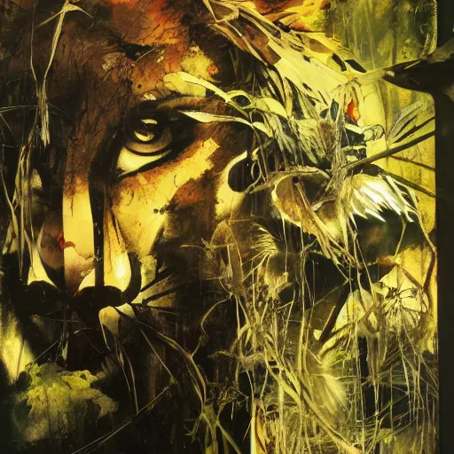 Image similar to lion in the jungle by dave mckean and yoji shinkawa, oil on canvas