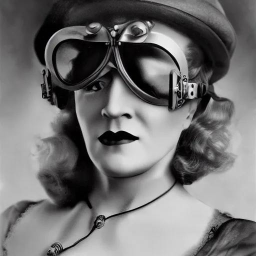 Prompt: portrait still of a young marlene dietrich wearing steampunk goggles, photorealistic, 4 k, octane render, by wayne barlow, alphonse mucha,