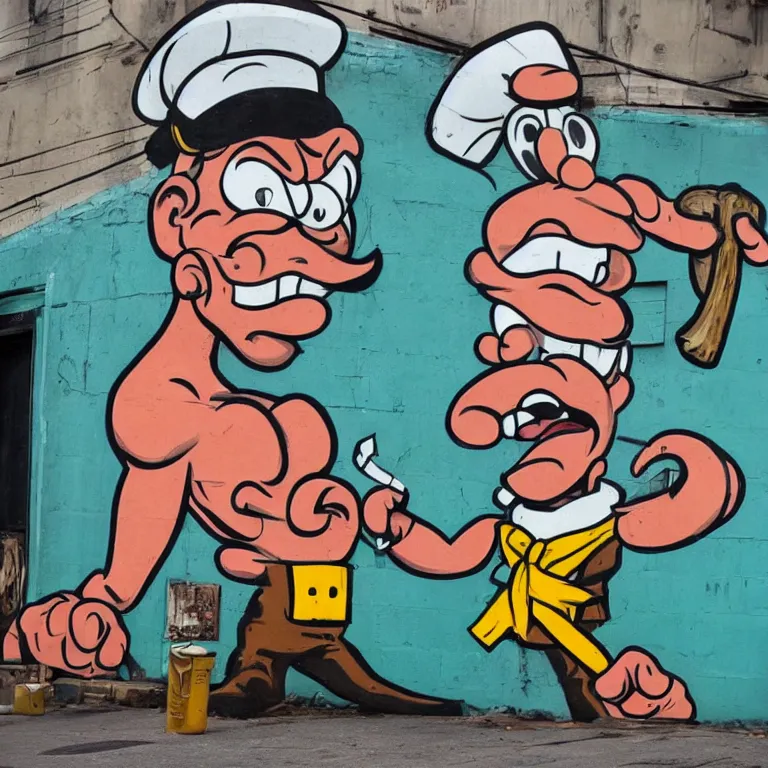 Image similar to Street-art portrait of Popeye the Sailor with huge forearms with two anchor tattoos, skinny upper arms, and corncob pipe. in style of Edward Hopper, comic character, photorealism