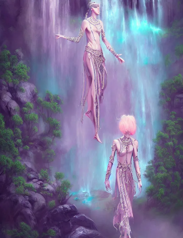 Image similar to techno - embroidered androgyne with filigree and beads walks by a waterfall in the sky, safe for work, vivid pastel color scheme, by award - winning concept artist, dynamic composition, backlighting, radiant light