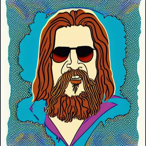 Image similar to The Dude from The Big Lebowski LSD sheet blotter art