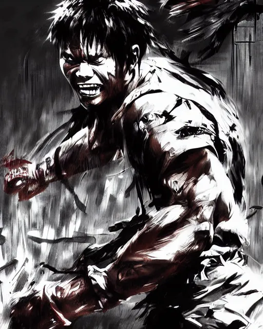 Image similar to Tony Jaa epic fight scene in the style of Yoji Shinkawa, in the style of leonard boyarsky, detailed realistic illustration