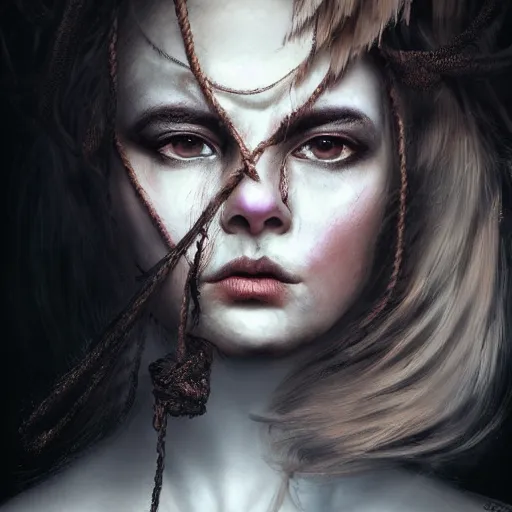 Prompt: portrait of a Shibari rope wrapped face and neck, headshot, insanely nice professional hair style, dramatic hair color, smoke in hair, digital painting, of a old 13th century, traveler, amber jewels, baroque, ornate clothing, scifi, realistic, hyperdetailed, chiaroscuro, concept art, art by Franz Hals and Jon Foster and Ayami Kojima and Amano and Karol Bak,