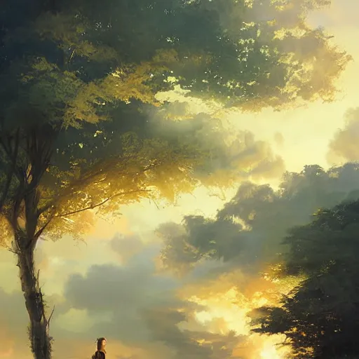 Image similar to landscape, volumetric lighting, dew, spring evening, clear weather, ( few clouds ), realistic illustration, golden hour, perfectly shaded, soft painting, art by krenz cushart and wenjun lin