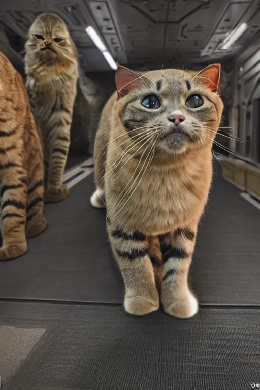 Image similar to star wars cats, cats put in different uniforms and situations, while aboard on a 1 2 mile capital ship. zoomed in shots, photorealistic, sharp focus, vintage cold colour temperture, f 0. 4, face centred, golden hour