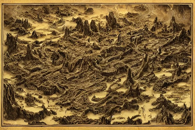 Image similar to intricate detailed ancient map of the regions of hell and the dimensions of the damned, inferno flames demons daemons purgatory limbo, technical cartography with annotations and notes in the margins, by andreas rocha and peter mohrbacher